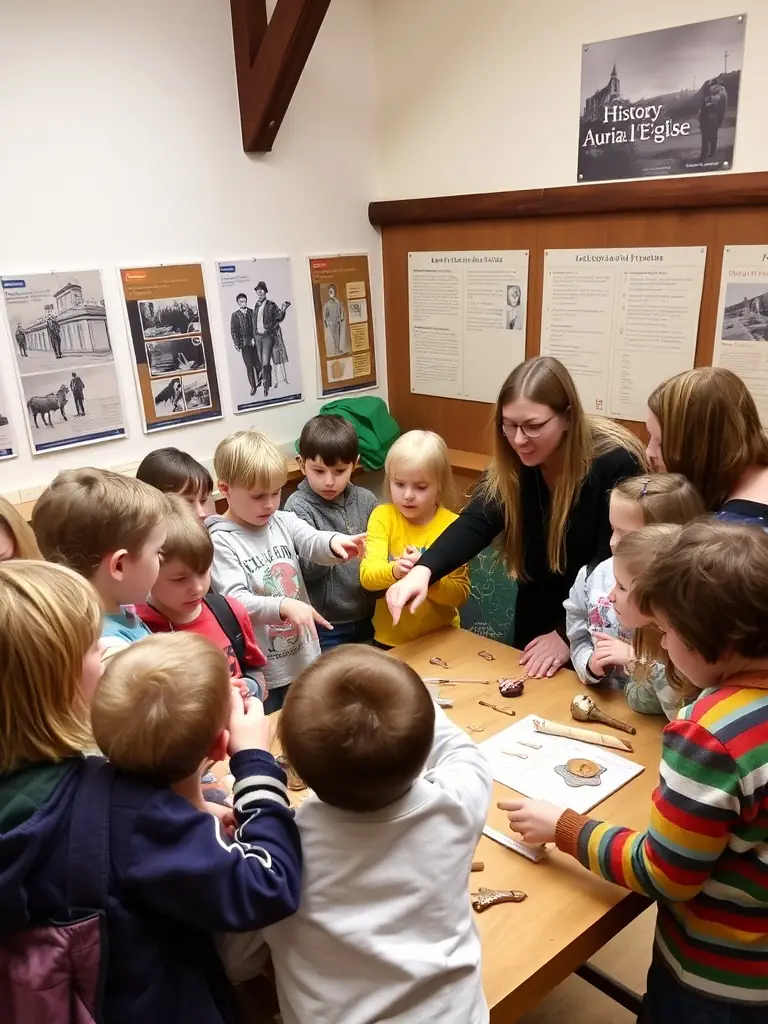 Children participating in an educational workshop learning about the history of Auriac-l'Église, with historical artifacts and interactive displays.