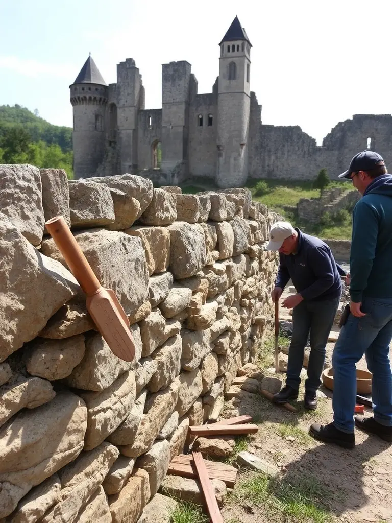 A photo showing volunteers working on the restoration of an old stone wall in one of the hamlets of Auriac-l’Église, showcasing community involvement in preserving local heritage.