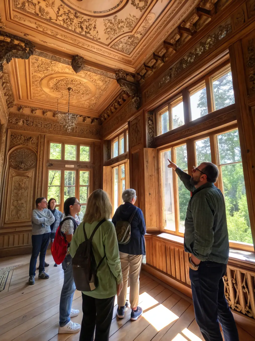 A photograph capturing a guided tour of the historic church in Auriac-l’Église, with a knowledgeable guide explaining the architectural details to a group of attentive visitors.
