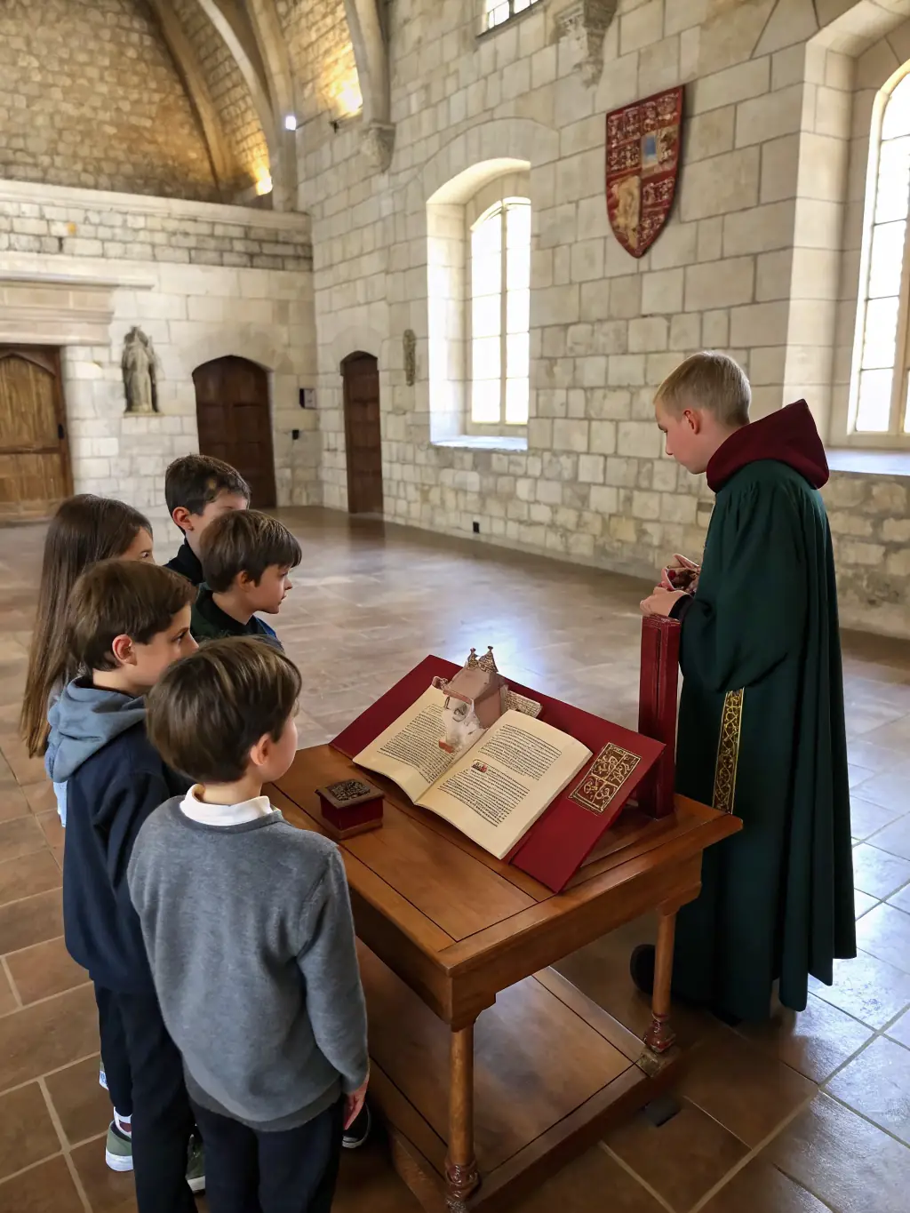 An image of children participating in an educational workshop about local history, learning about traditional crafts and stories of Auriac-l’Église.