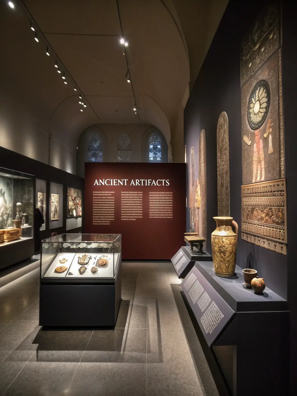 A vibrant photo of an exhibition showcasing historical artifacts and documents related to Auriac-l’Église, attracting visitors of all ages.