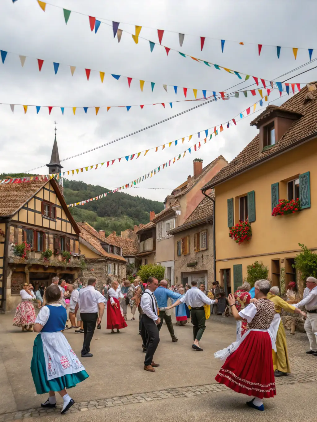 A photograph of a community event celebrating local traditions in Auriac-l'Église, featuring traditional music, dance, and crafts.