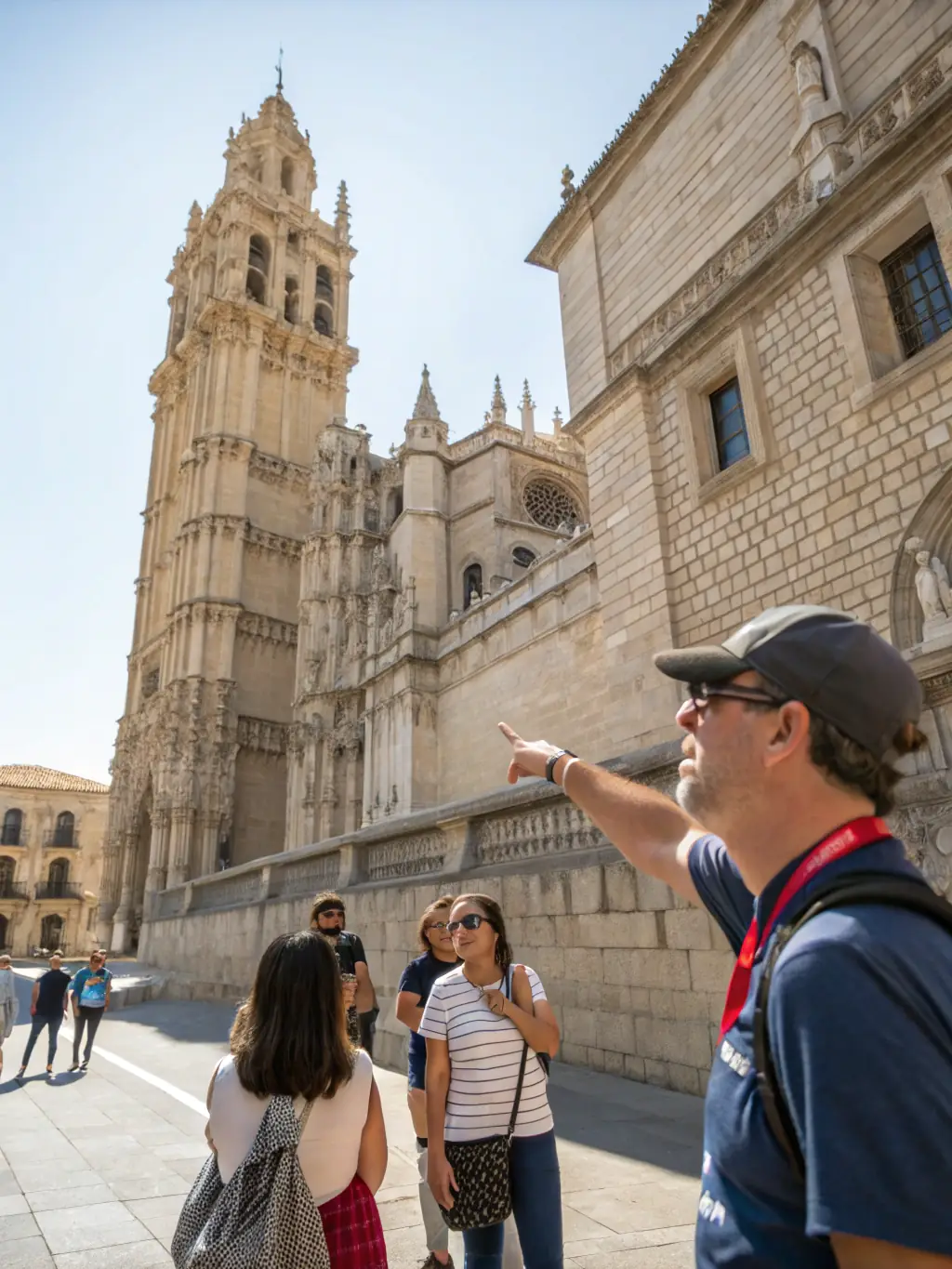 A vibrant photograph capturing a guided tour of the historic church in Auriac-l'Église, with a knowledgeable guide explaining the architectural details to an engaged group of tourists.