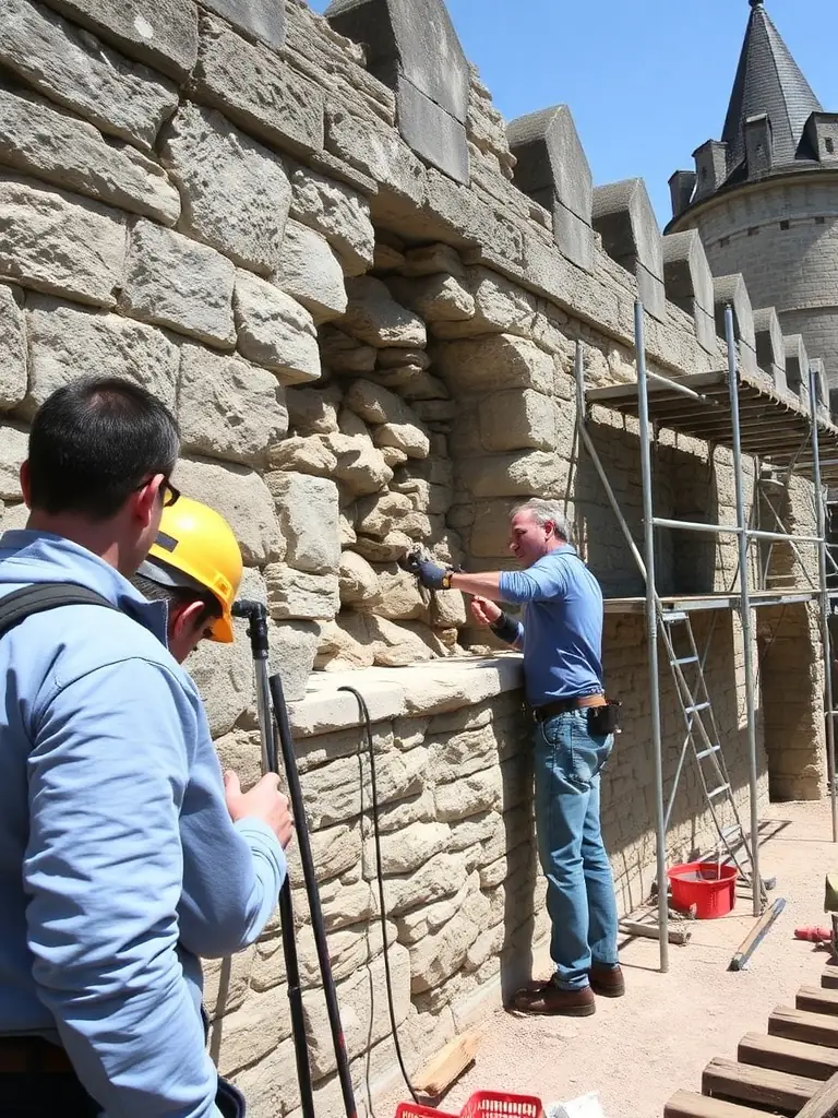 A group of volunteers working diligently on the restoration of an old stone wall in Auriac-l'Église, showcasing the organization's commitment to preserving local heritage.